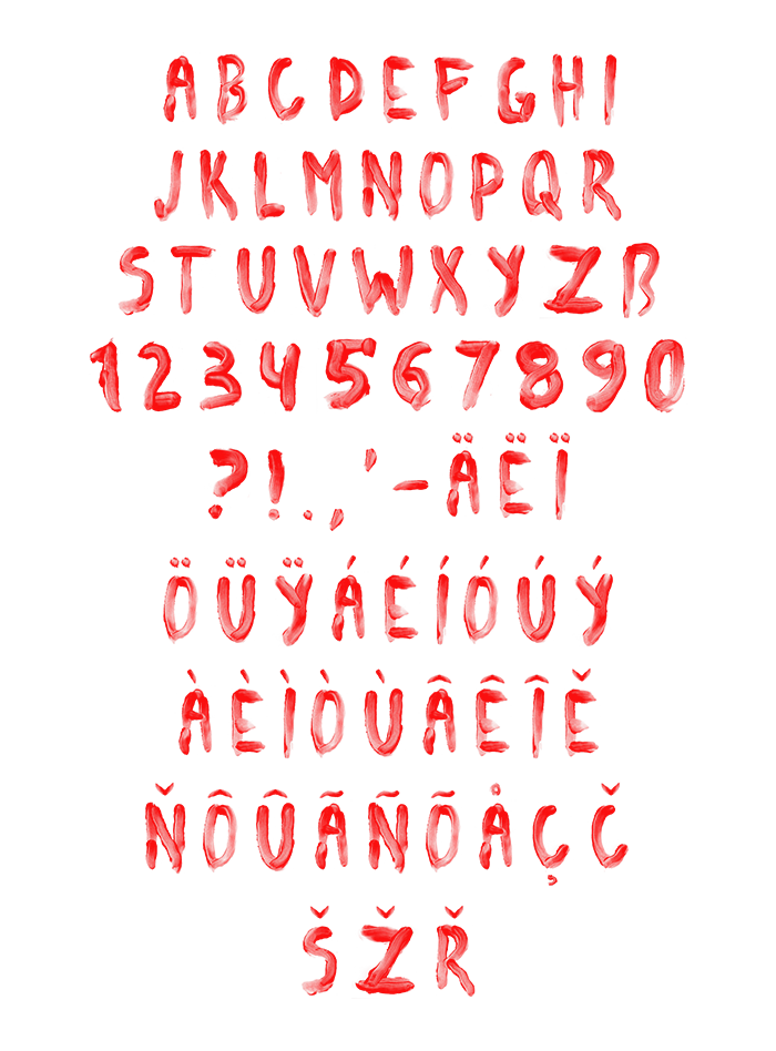 Full alphabet, numbers and accents of the Blood Font painted in scarlet on white