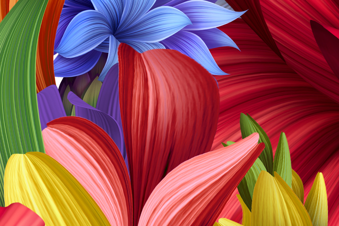 Flowers Wacomka Font floral texture Close view of the painted petals and leaves used in the Flowers Wacomka Font