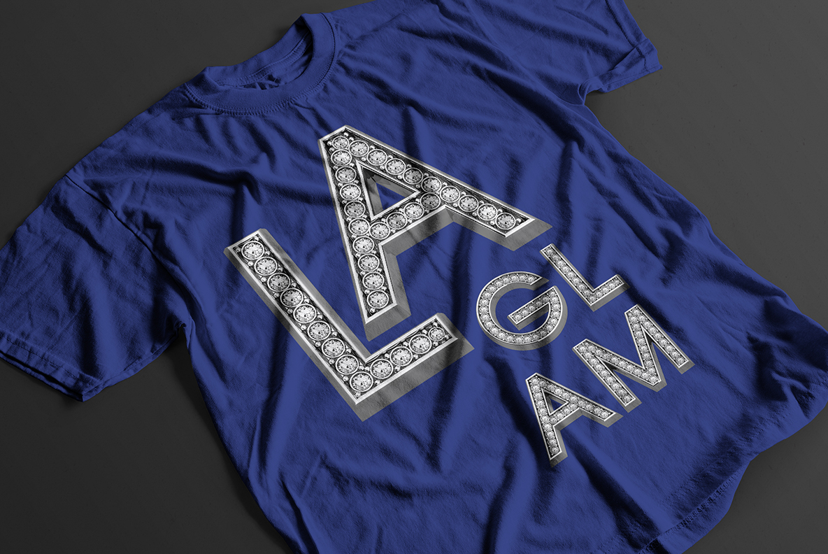 Blue t-shirt with the Glam Font. Glamorous OpenType Typeface Made Bay Handmade Font