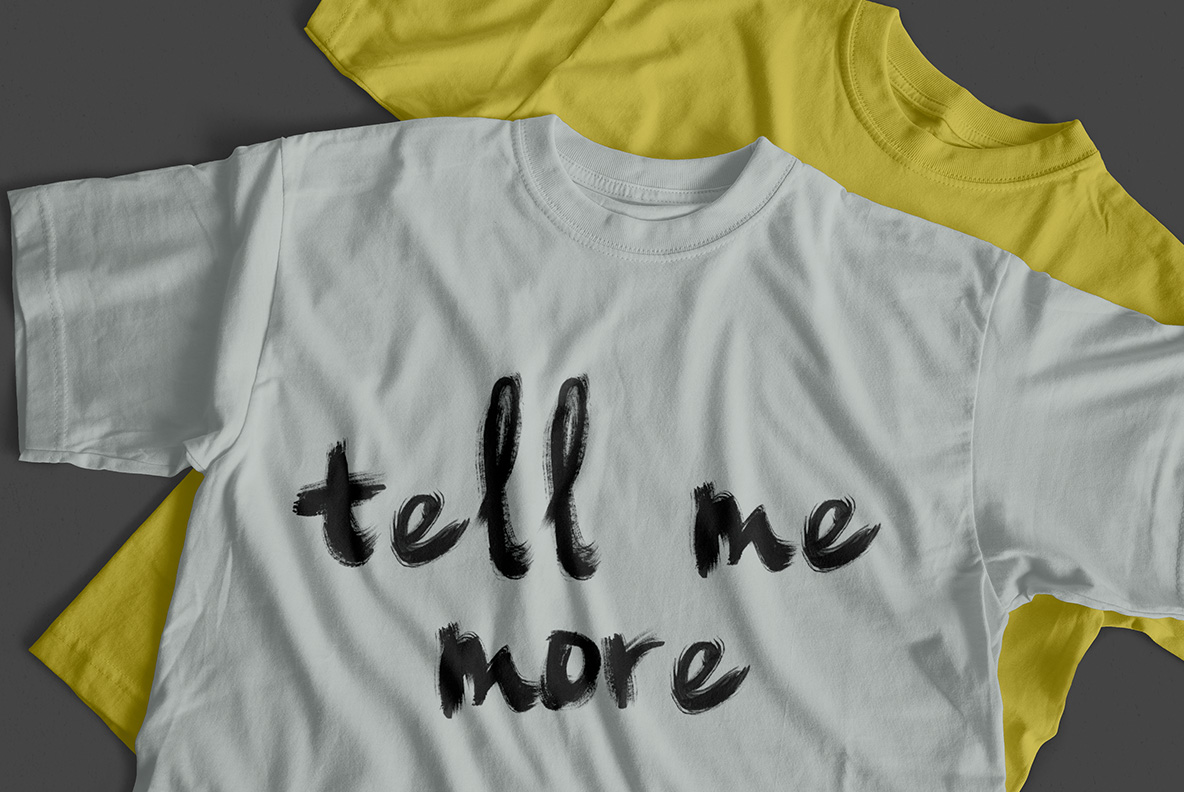 White t-shirt with Oil Brush Font. Paint OpenType Typeface Made By Handmade Font