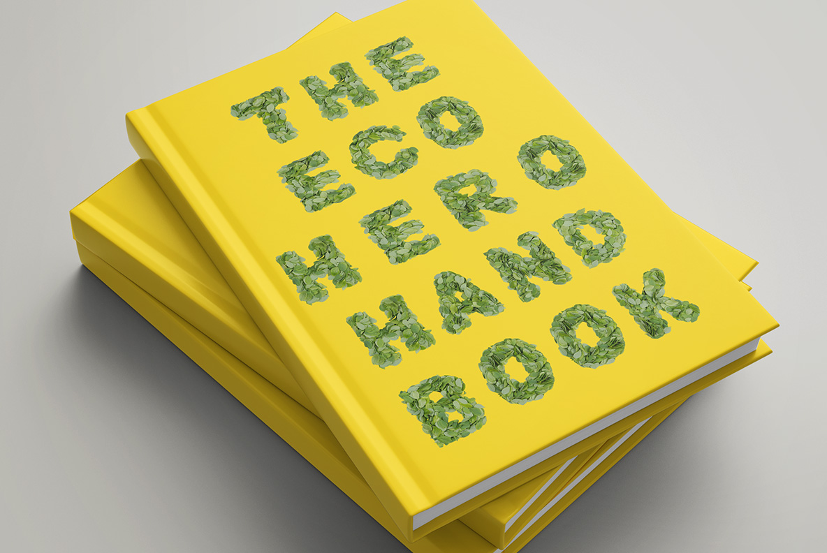 Yellow book cover with Summer Leaves Font. Green OpenType Font Made By Handmade Font