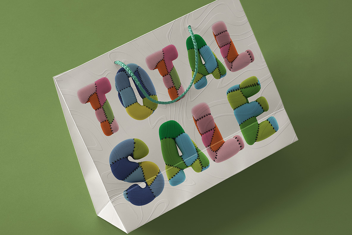Shopping bag with Toy Font. Kids OpenType Typeface Made By Handmade Font