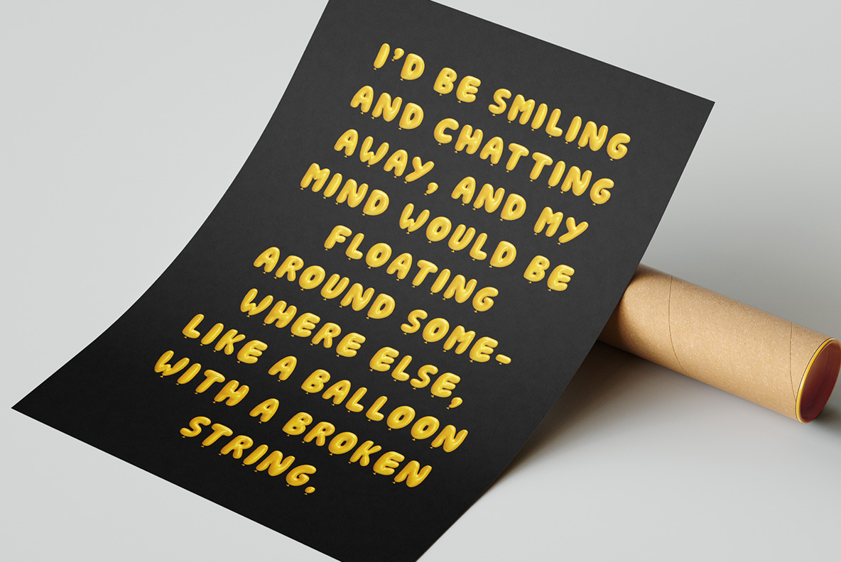 Black poster with Yellow Balloon Font. Fun OpenType Typeface Made By Handmade Font