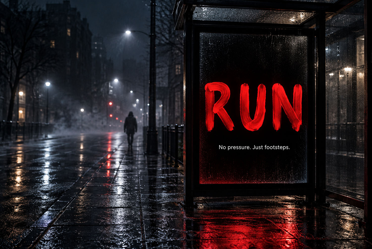 Blood Font on a street billboard Rainy night street billboard reading RUN set in the Blood Font