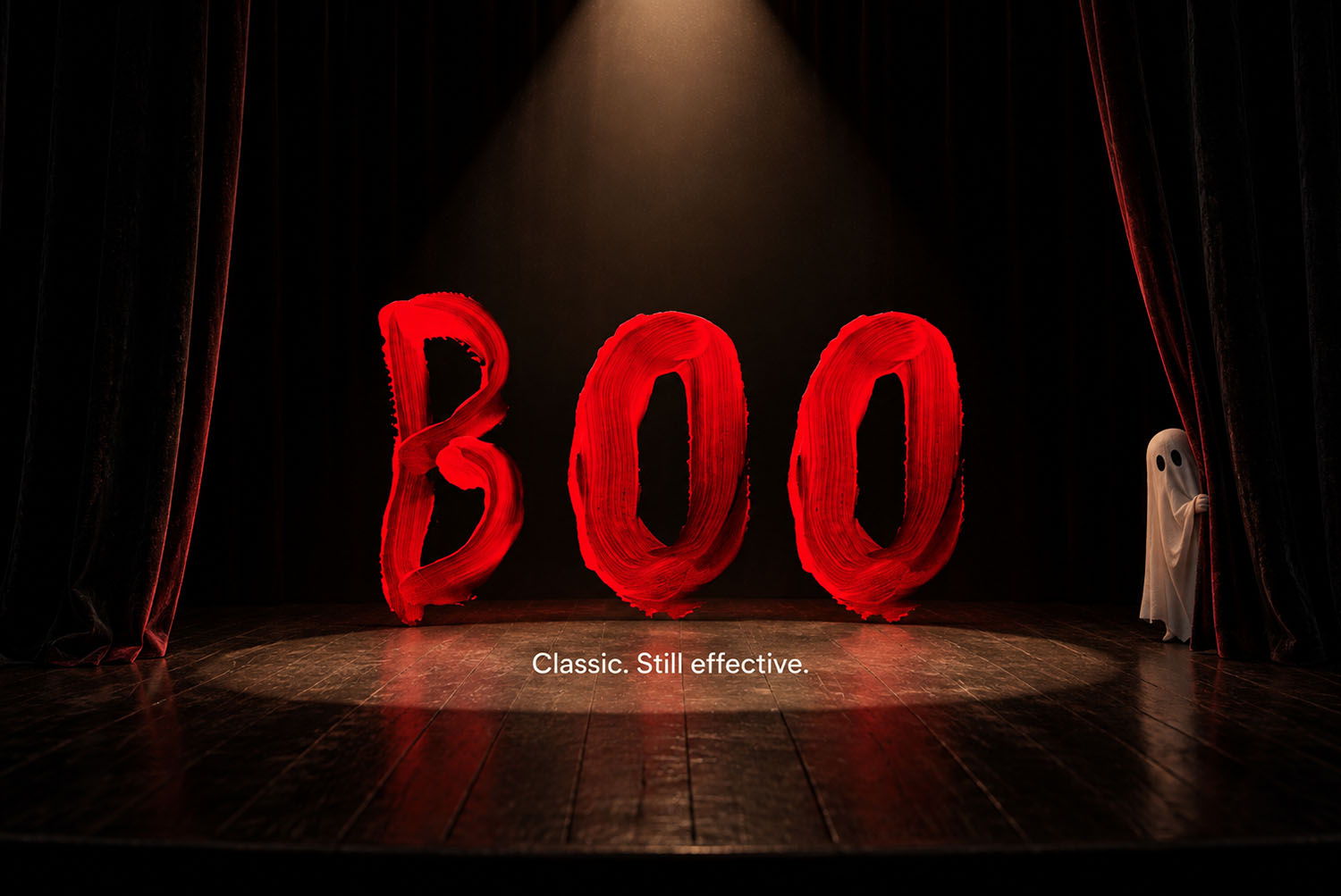 Blood Font on a theatre stage Theatre stage with the word BOO spelled in scarlet Blood Font letters