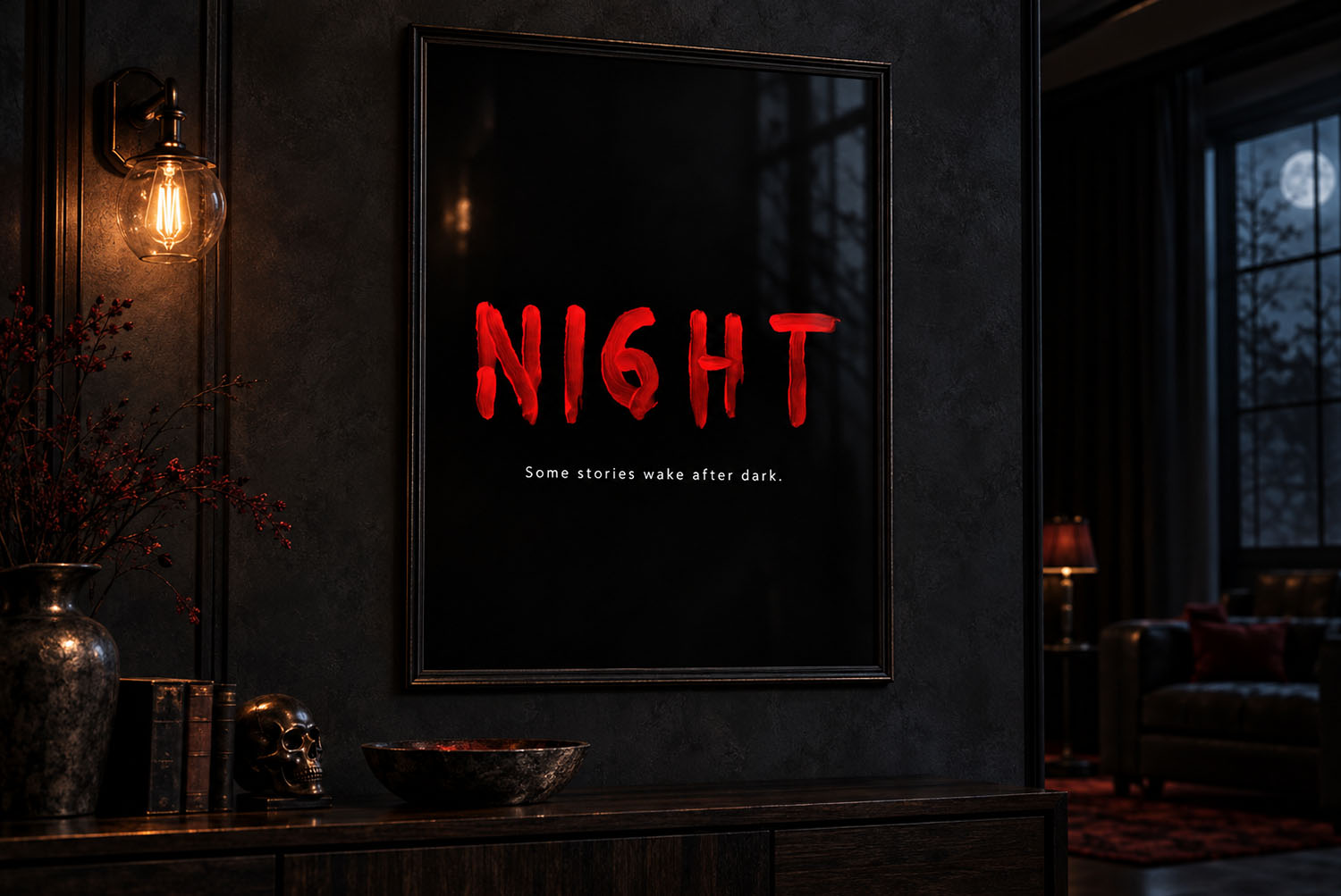 Blood Font framed print Framed print reading NIGHT in the Blood Font hanging on a dark wall