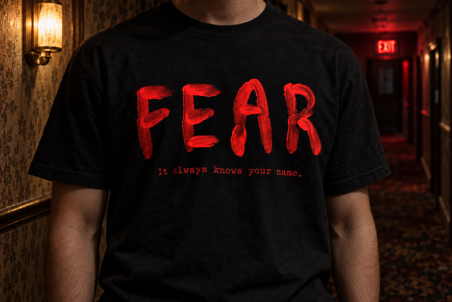 Blood Font t-shirt Black t-shirt printed with the word FEAR in the Blood Font