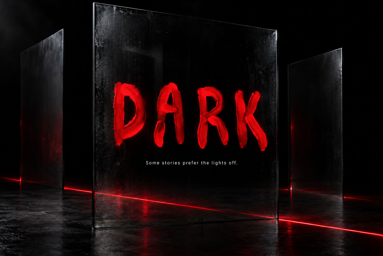 Blood Font on glass Dark glass panel with the word DARK painted in the Blood Font