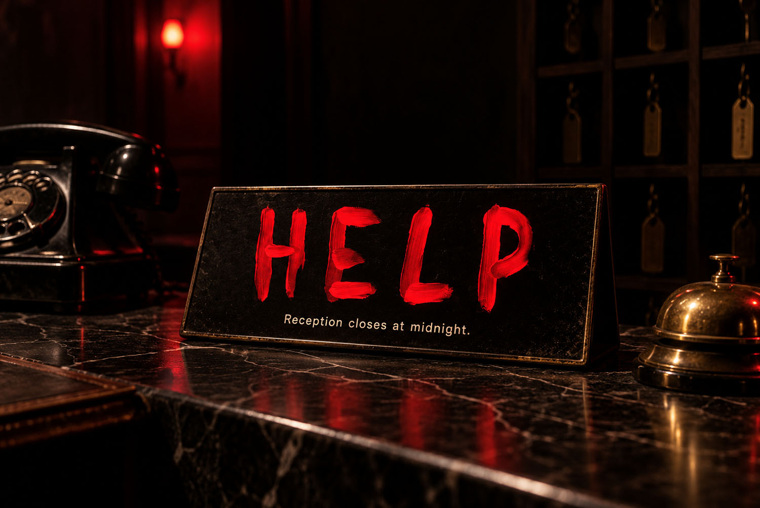 Blood Font desk sign Desk sign reading HELP in the Blood Font under a dim lamp