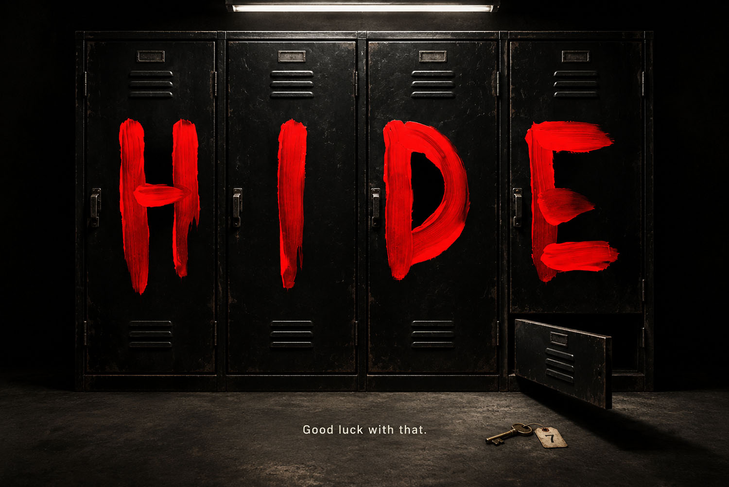 Blood Font on lockers Row of metal lockers with the word HIDE painted in the Blood Font