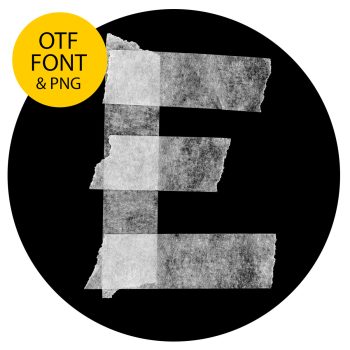 Letter E of the Tape White Font built from three torn strips of white masking tape