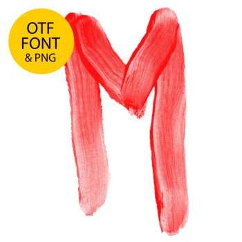 Painted scarlet letter M of the Blood Font on a white square with the OTF and PNG badge