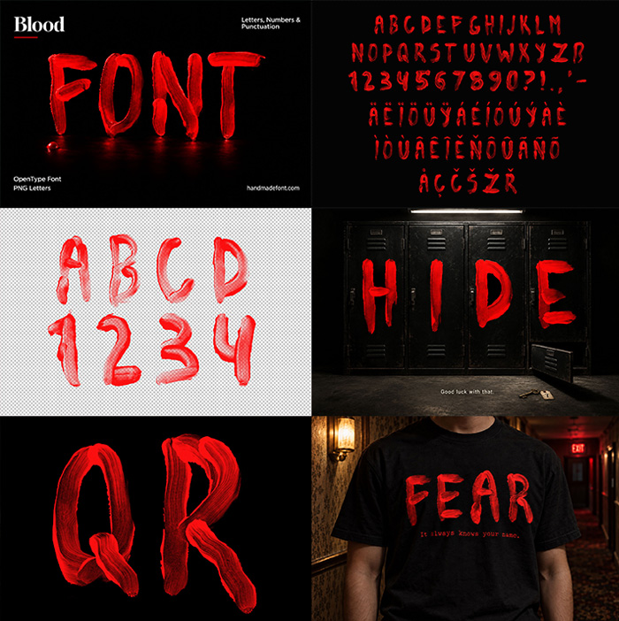 Preview grid of the Blood Font showing the alphabet, a QR sign and a printed t-shirt