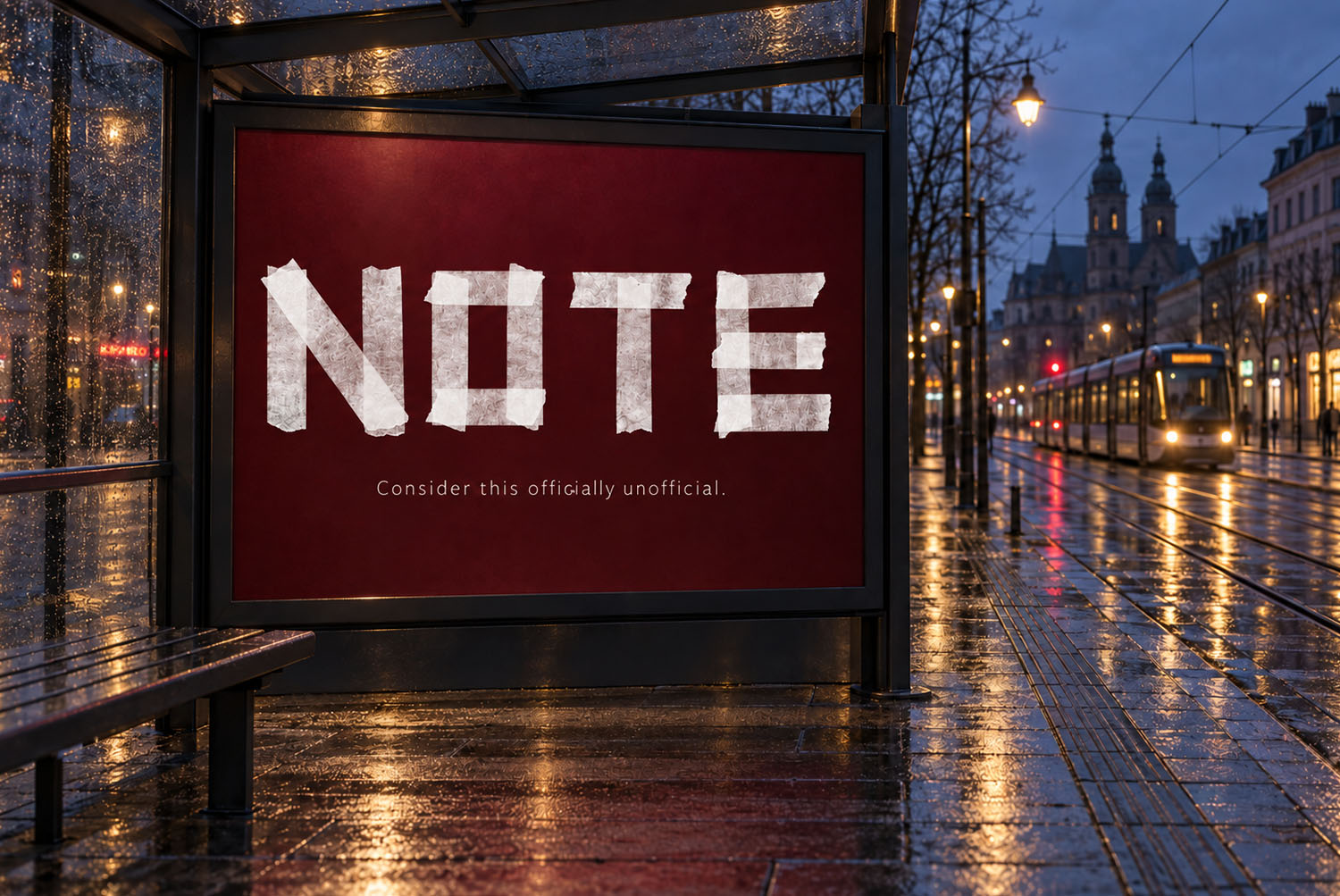 Tape White Font on a bus stop poster Bus stop billboard at night reading NOTE in the Tape White Font on a deep red panel