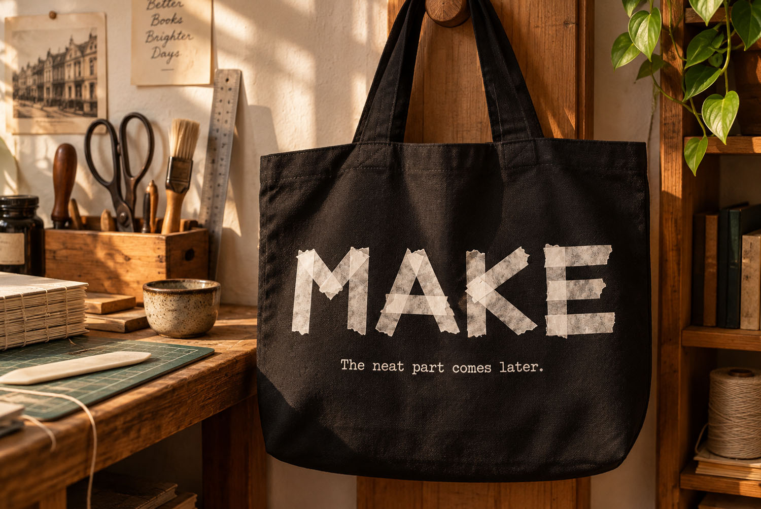Tape White Font on a tote bag Black canvas tote bag reading MAKE in the Tape White Font above a small typewriter line