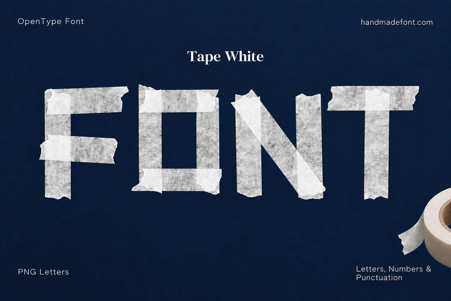 Tape White Font cover Cover image for the Tape White Font with the word FONT taped across deep navy