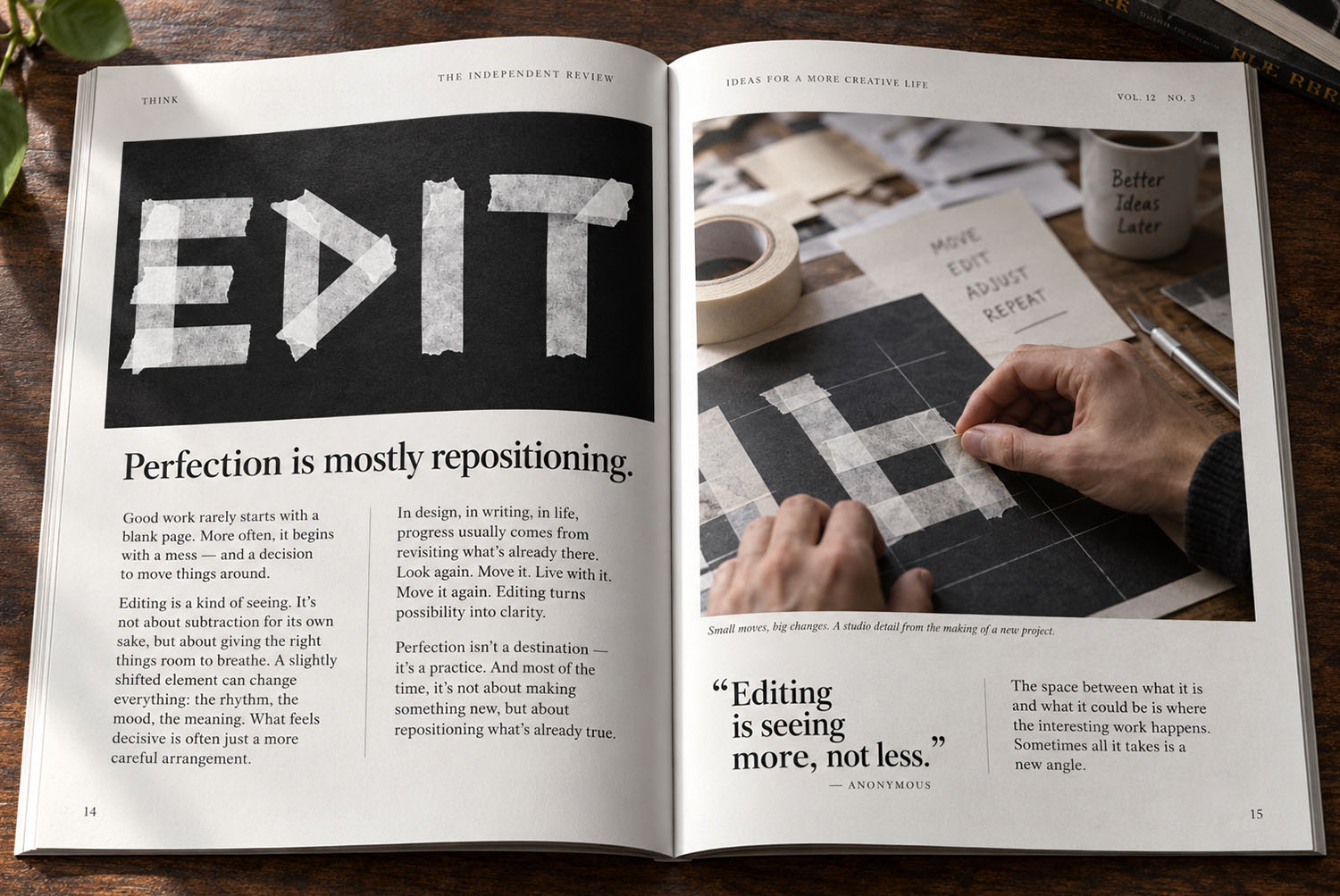 Tape White Font in a magazine spread Open magazine spread with EDIT set in the Tape White Font across a full black page