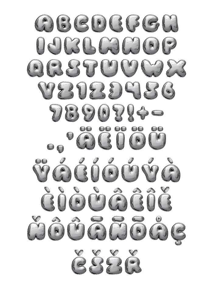 Alphabet sheet of the Chrome Balloon Font with capitals, numbers, punctuation and accents