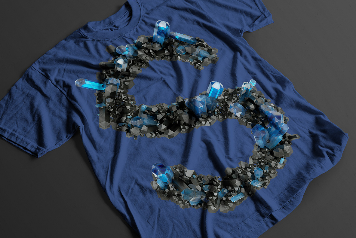 Blue t-shirt with Crystal Field Font. Jewelry OpenType Typeface Made By Handmade Font