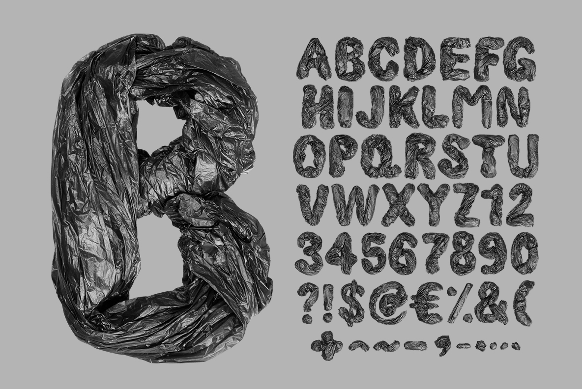 Garbage Pack Font letter B with full character set Letter B of the Garbage Pack Font beside the full alphabet and numerals on grey
