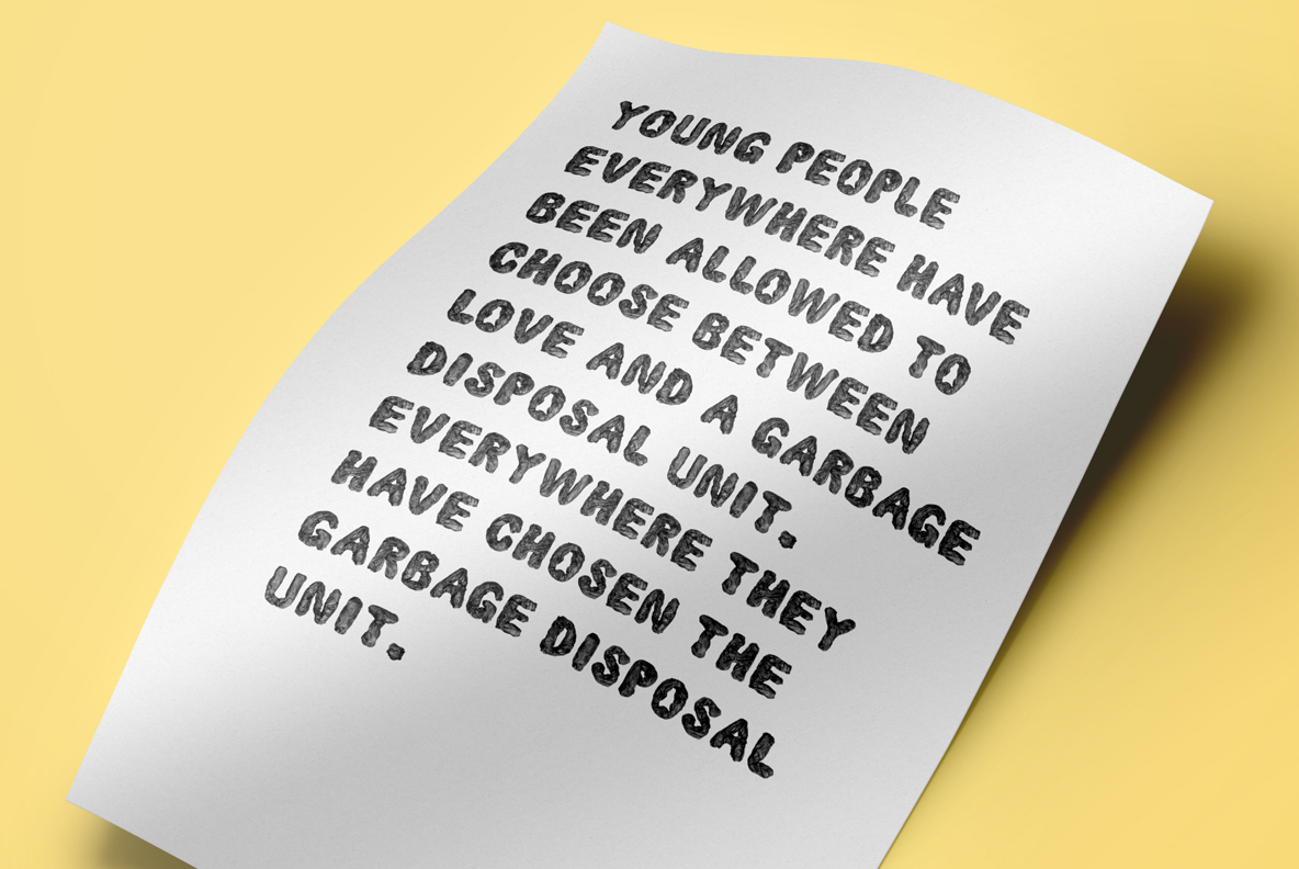 Garbage Pack Font printed card mockup Yellow and white cards carrying a paragraph about waste set in the Garbage Pack Font
