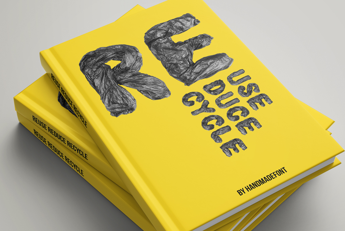 Garbage Pack Font yellow book stack Stack of yellow books with a two-word title set in the Garbage Pack Font