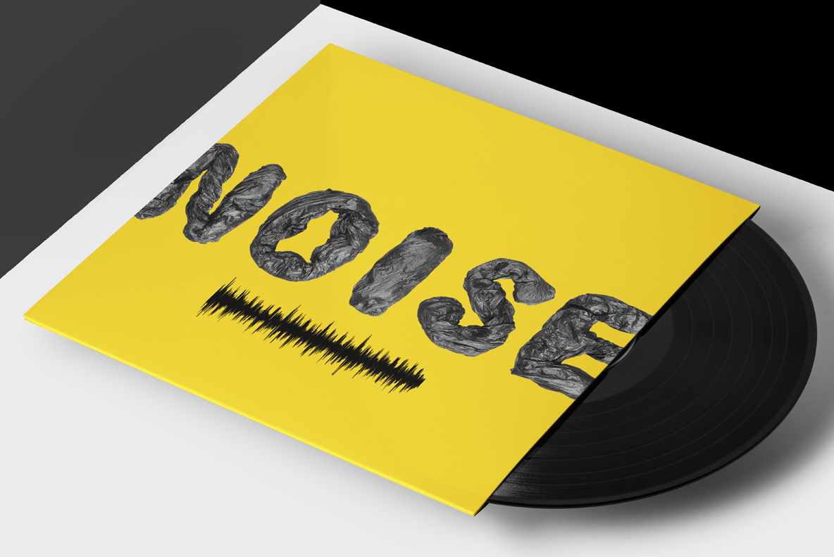 Garbage Pack Font record sleeve mockup Yellow record sleeve and vinyl printed with one word in the Garbage Pack Font
