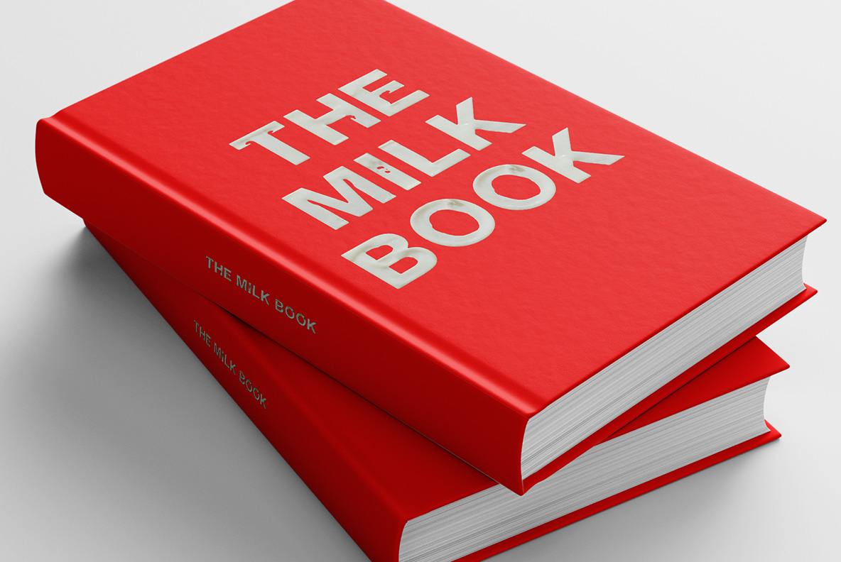 Red book cover with Milk Skimmed Font. OpenType Typeface Made By Handmade Font. Letter G