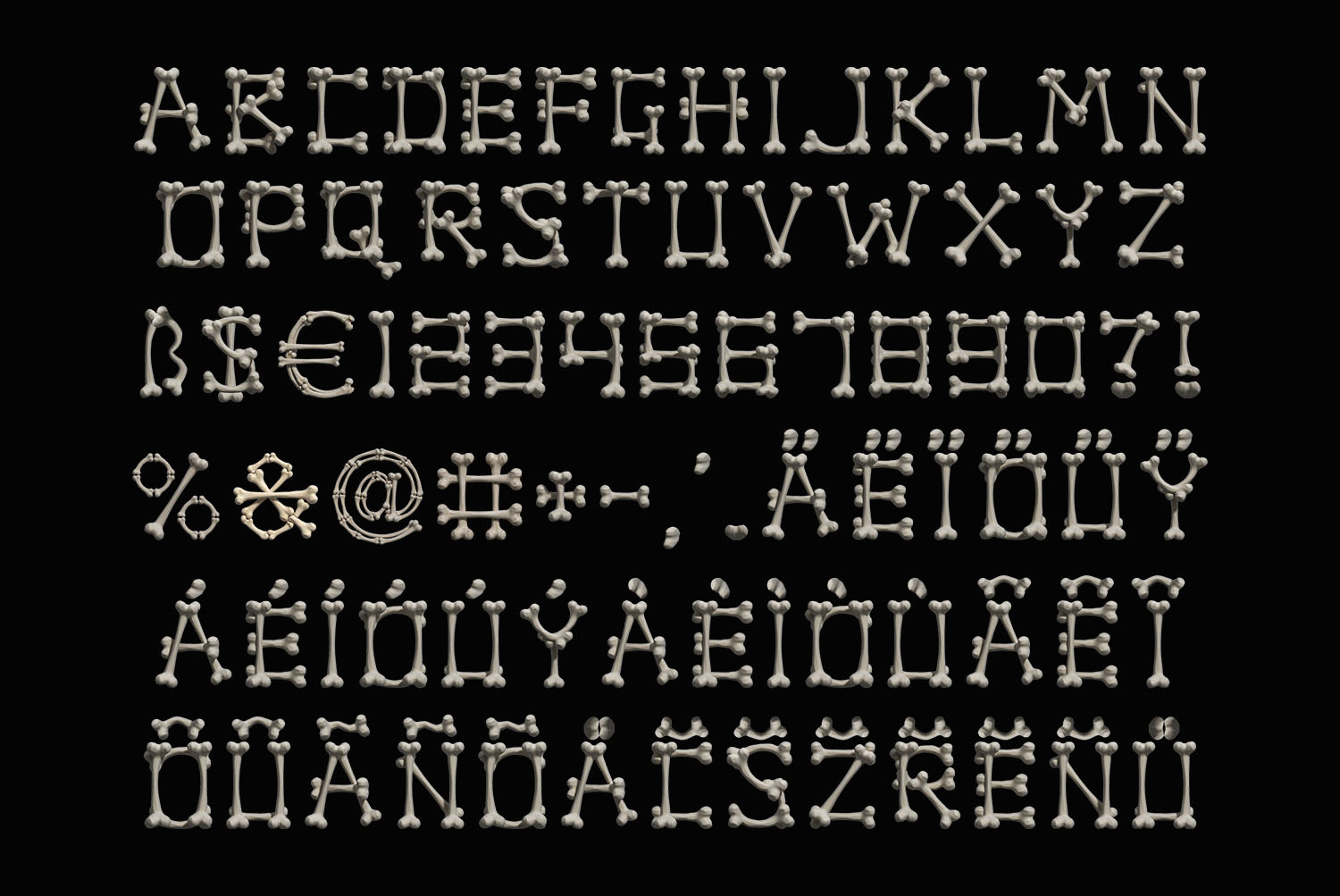 Bone Font Alphabet on Black Bone Font alphabet, figures and accented capitals laid out on a black background