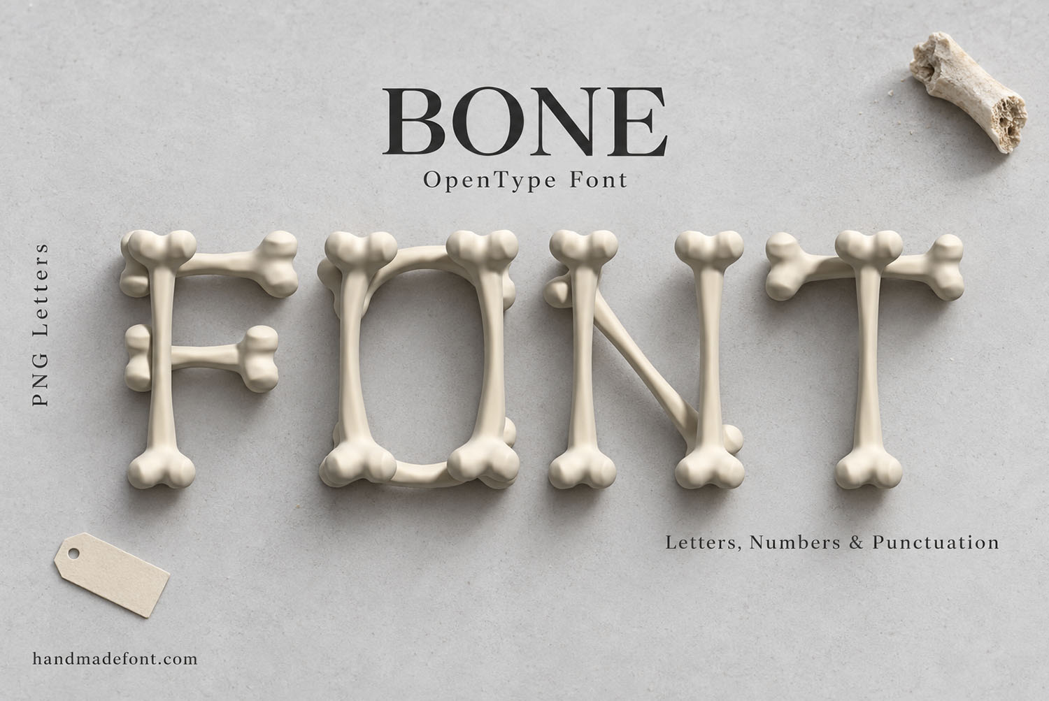 Bone Font Grey Cover Bone Font cover spelling FONT in bones on light grey paper with a small bone and a tag