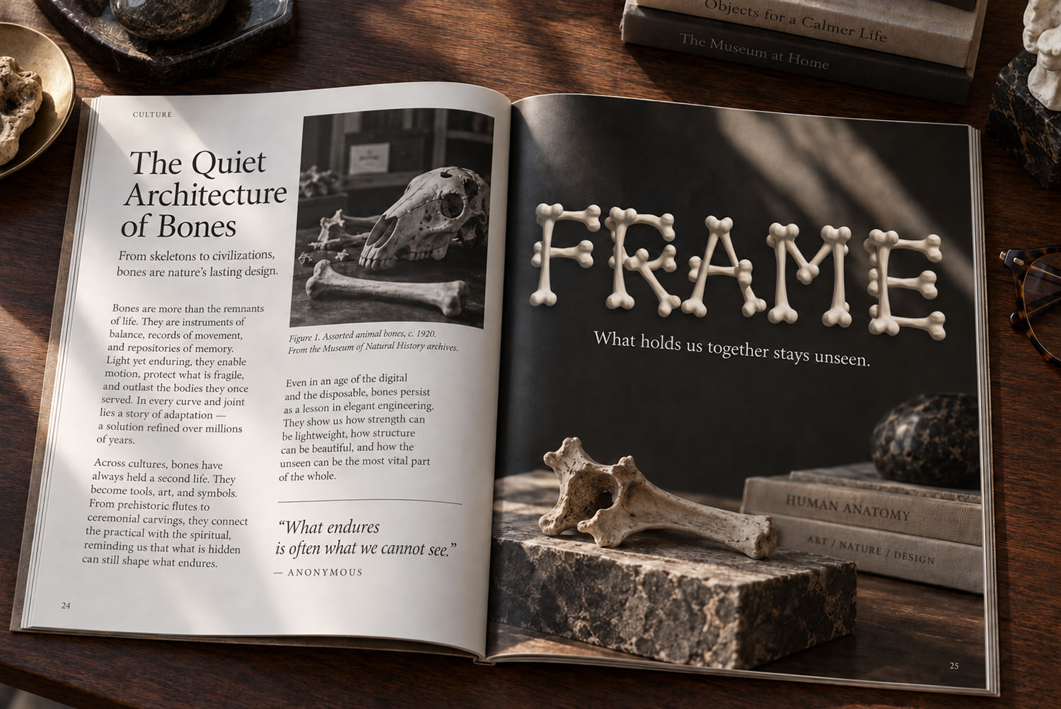 Bone Font Magazine Spread Magazine spread with the headline FRAME set in the Bone Font beside a fossil on stone