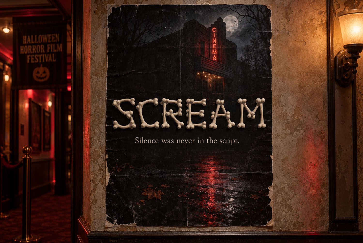 Bone Font SCREAM Poster Worn horror festival poster with SCREAM in the Bone Font by a cinema door