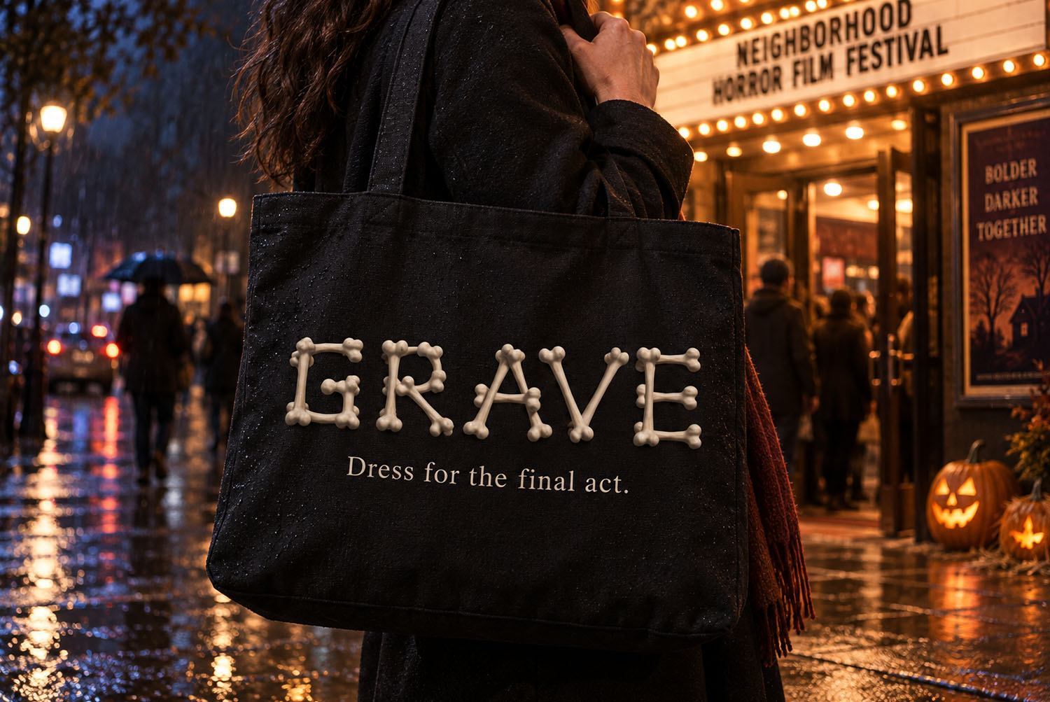 Bone Font GRAVE Tote Bag Black tote bag printed with GRAVE in the Bone Font outside a lit cinema at night