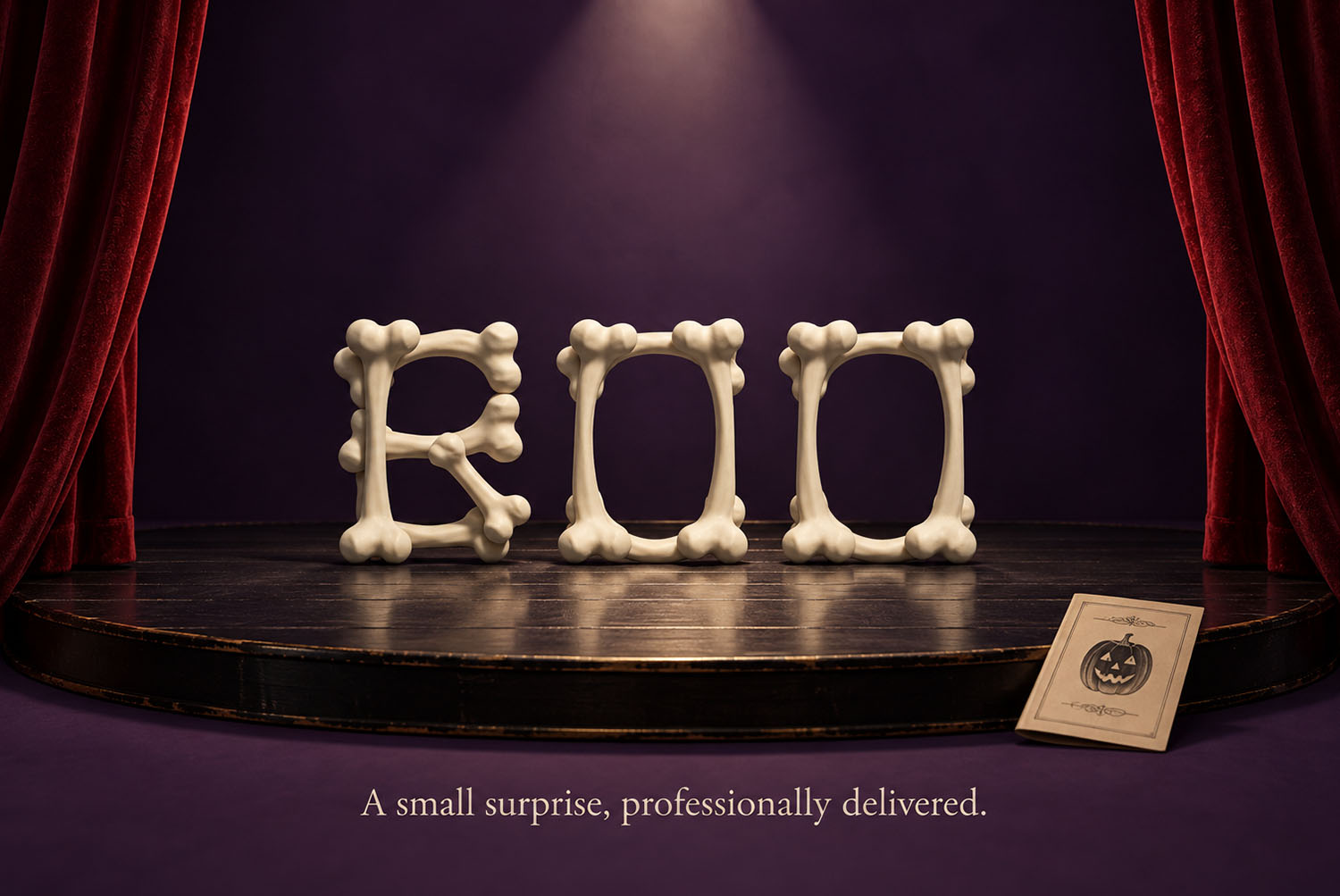 Bone Font BOO on Stage BOO spelled in the Bone Font on a small stage between red curtains