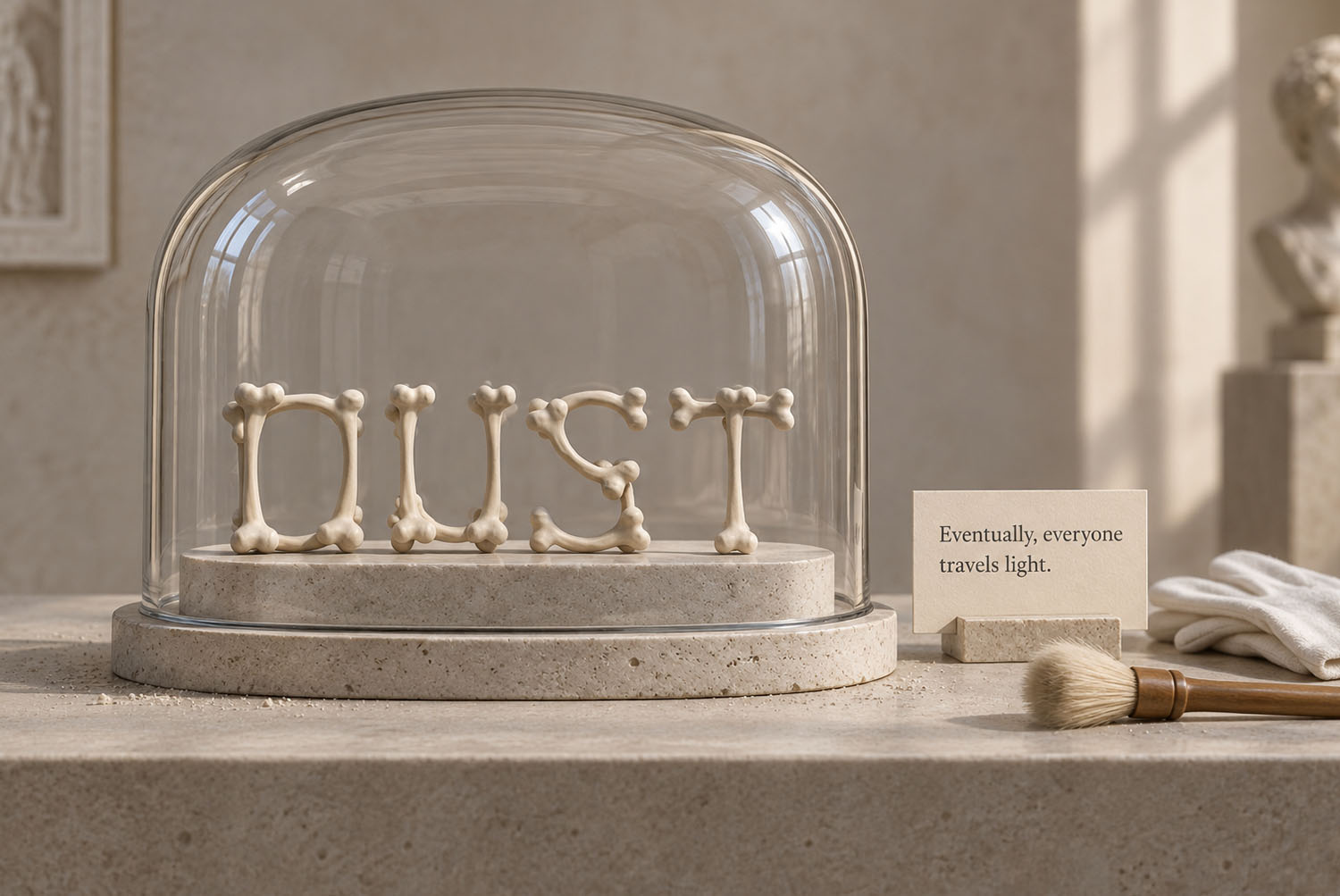 Bone Font DUST Under a Glass Dome DUST in the Bone Font under a glass museum dome with a brush and a label