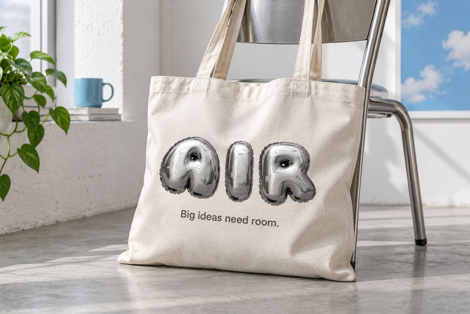 Chrome Balloon Font tote bag Canvas tote bag printed with the word AIR in the Chrome Balloon Font