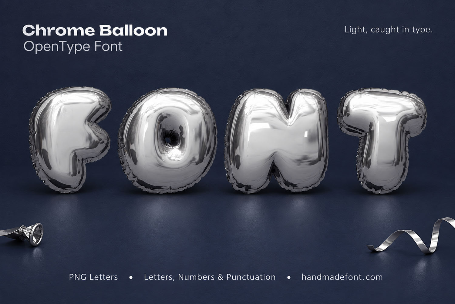Chrome Balloon Font cover on navy The word FONT set in the Chrome Balloon Font on deep navy with a ribbon at the foot