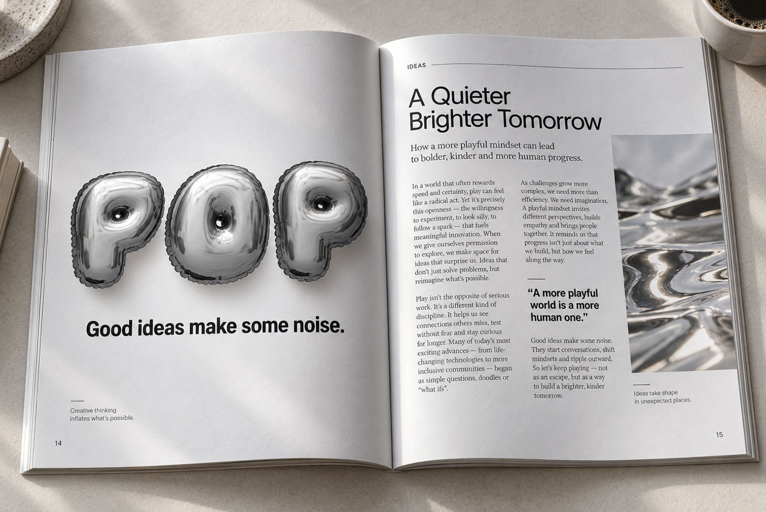 Chrome Balloon Font magazine spread Magazine spread with a POP headline set in the Chrome Balloon Font
