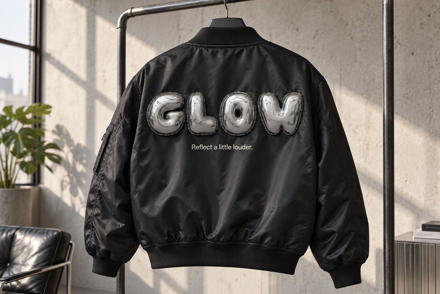 Chrome Balloon Font bomber jacket Black bomber jacket carrying the word GLOW in the Chrome Balloon Font
