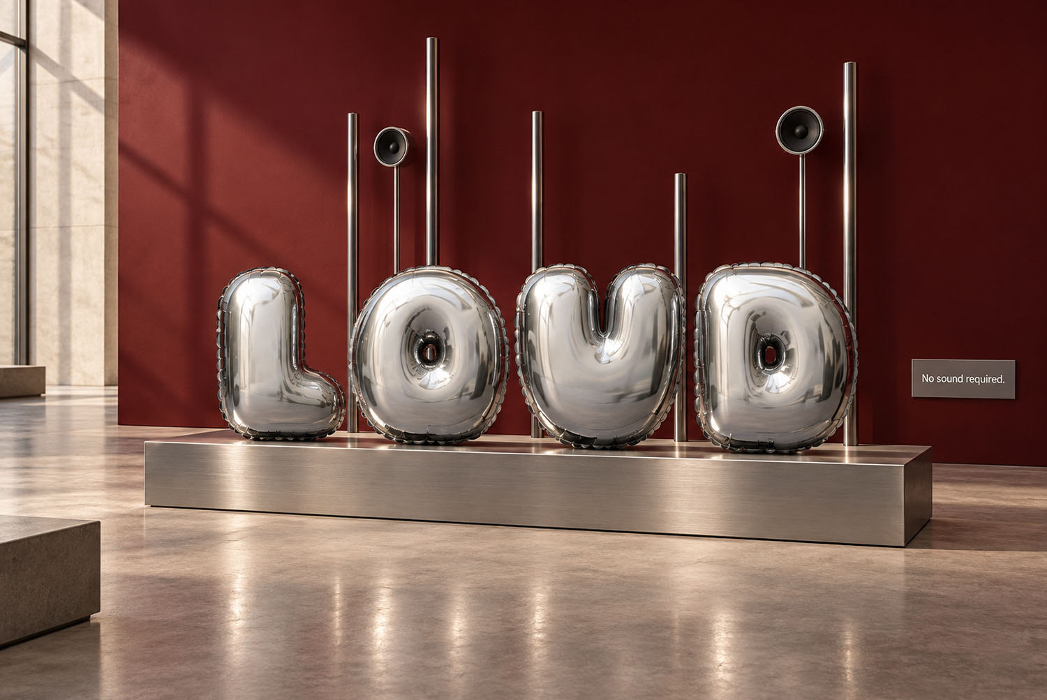 Chrome Balloon Font gallery installation The word LOUD in the Chrome Balloon Font mounted on steel poles against a red wall