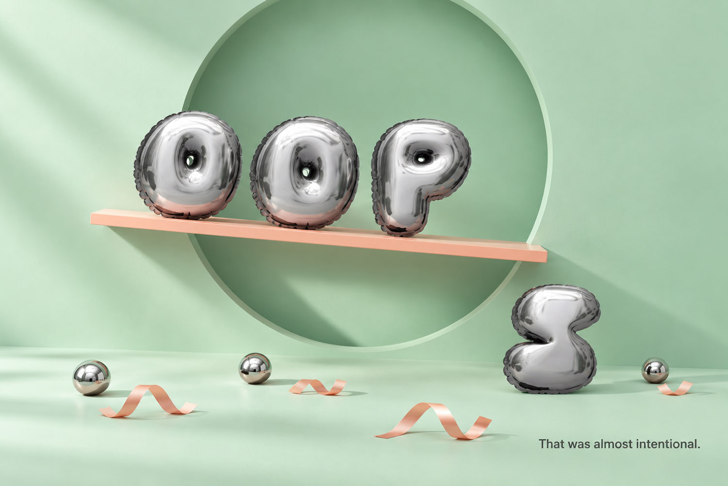 Chrome Balloon Font mint scene The word OOPS in the Chrome Balloon Font balanced on a plank against mint green