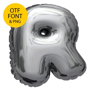 Letter R of the Chrome Balloon Font on a light square with the OTF and PNG badge
