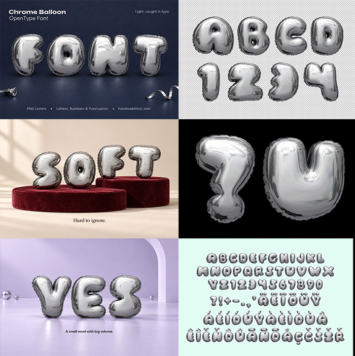 Six-panel preview of the Chrome Balloon Font showing the word FONT, the alphabet and three scenes