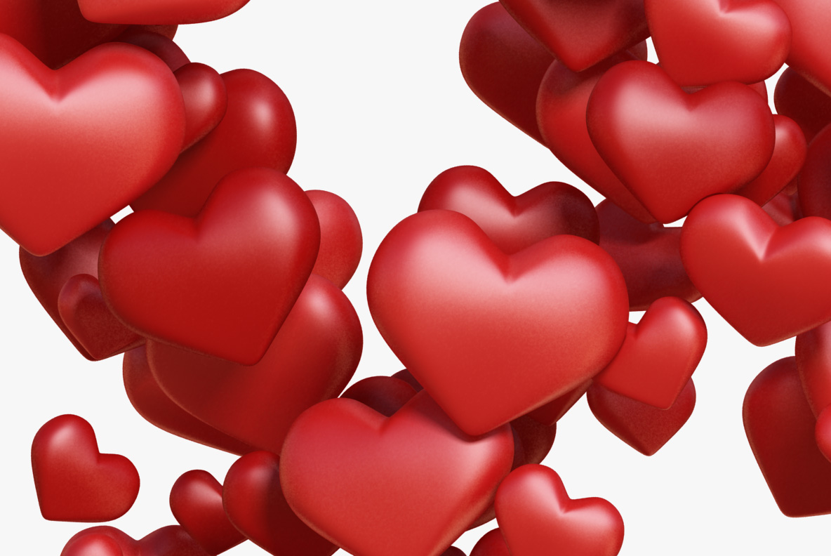 Hearts Font hero detail Close crop of the Hearts Font showing overlapping glossy red hearts and their highlights