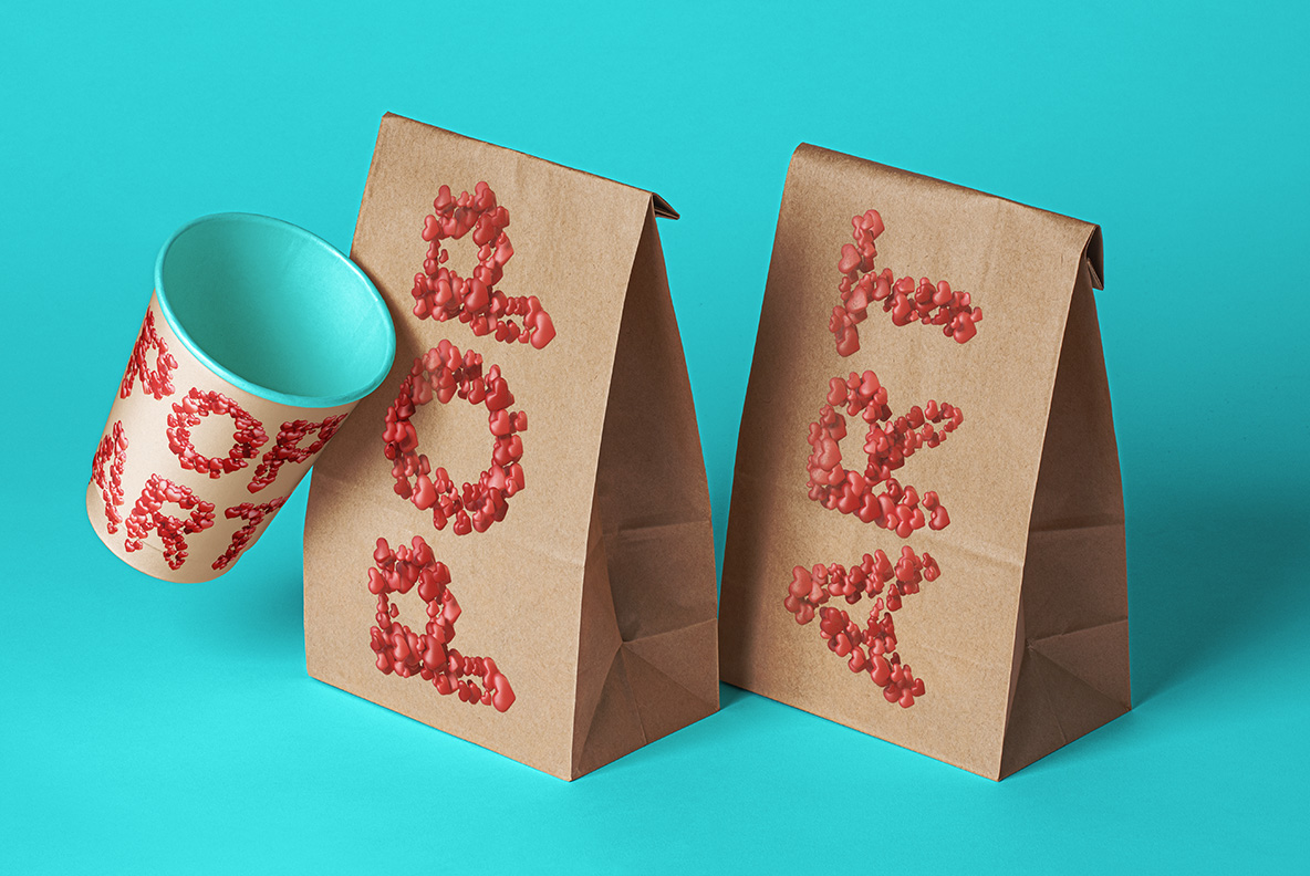 Hearts Font packaging mockup Kraft paper bags and a cup on turquoise lettered in the Hearts Font