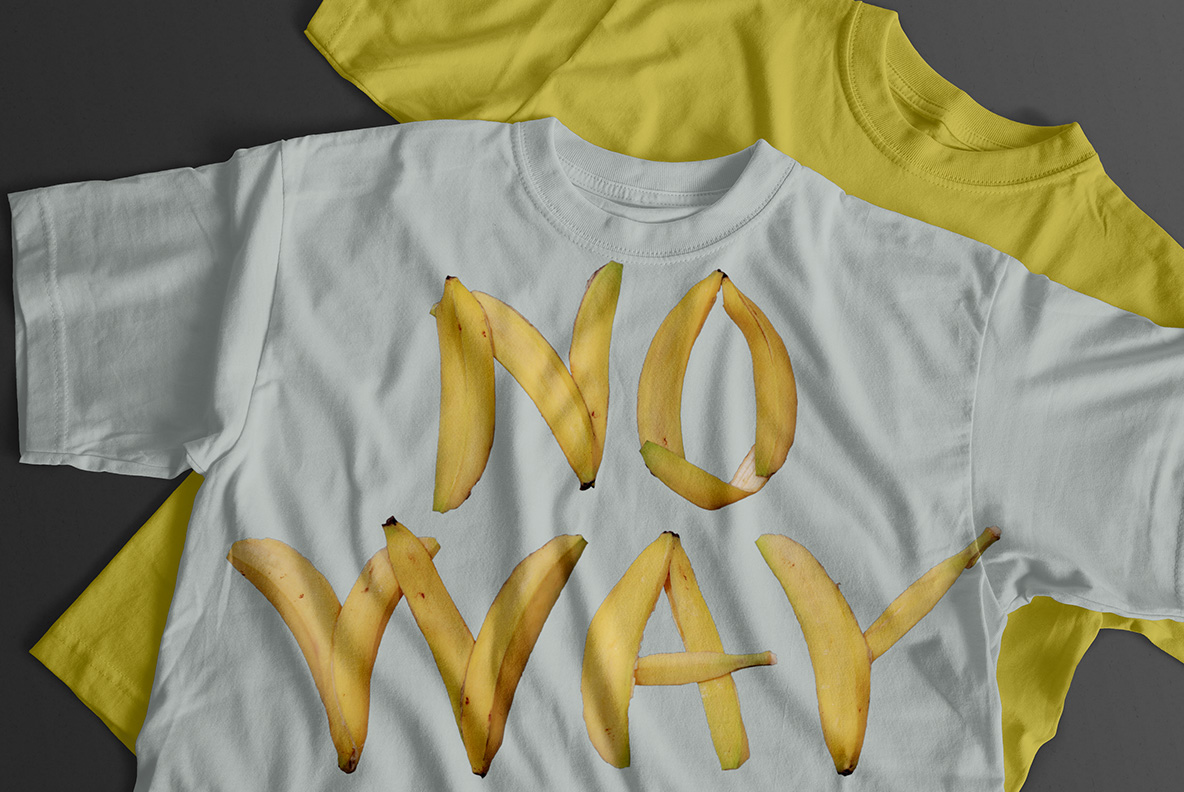 White t-shirt with the Yellow Banana OpenType Alphabet Made By Handmadefont.com