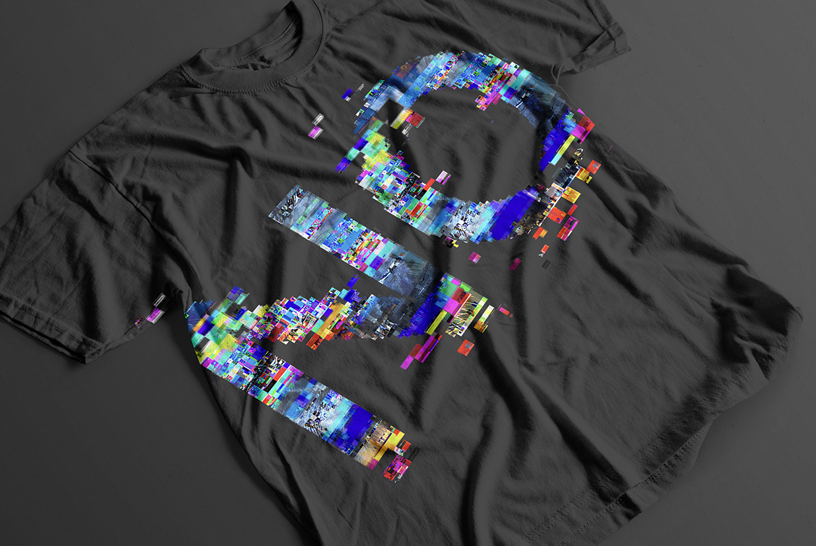 Black t-shirt with Glitch OpenType Alphabet Made By Handmadefont.com