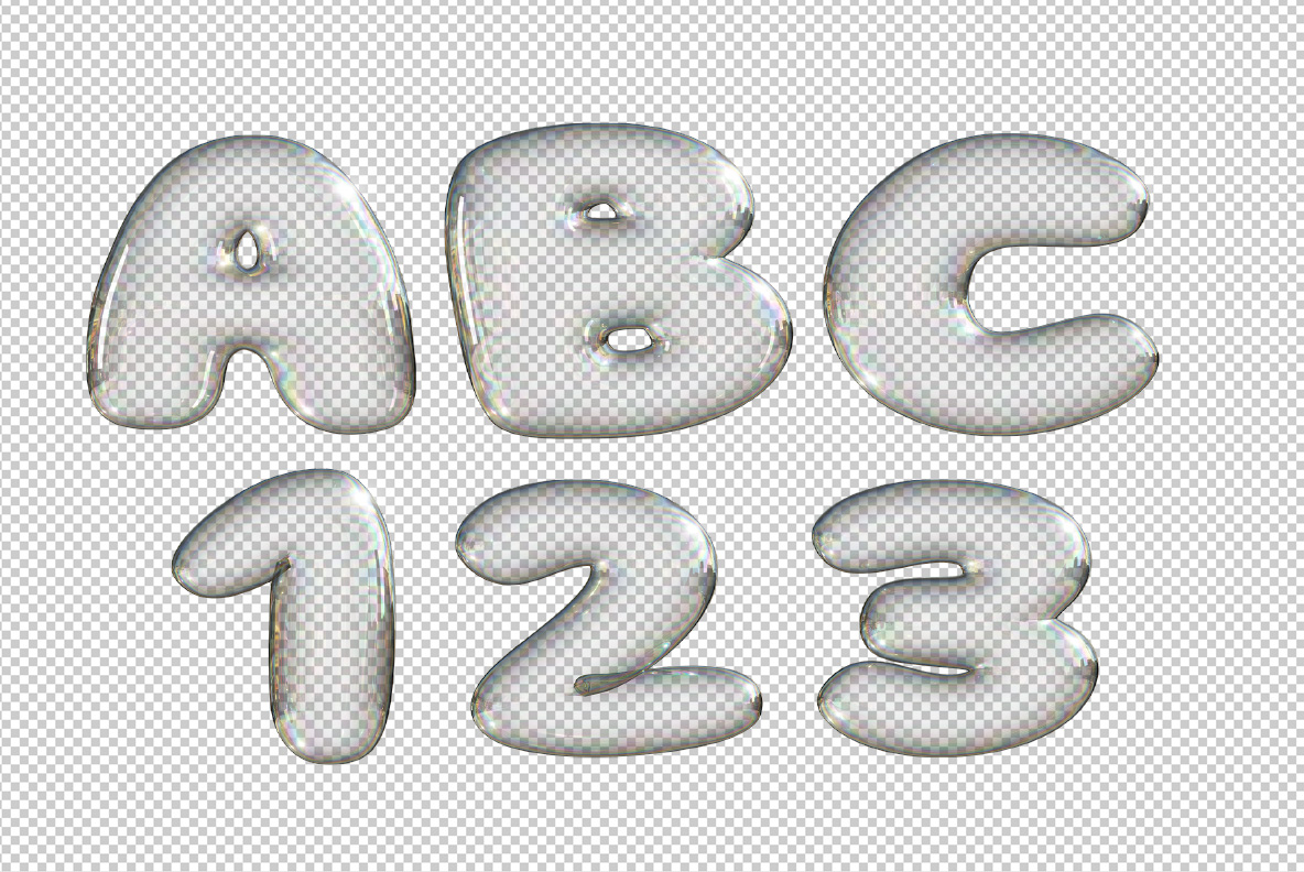 Soap Bubbles Font Transparent PNG Letters Soap Bubbles Font letters A to C and numbers 1 to 3 on a transparent background