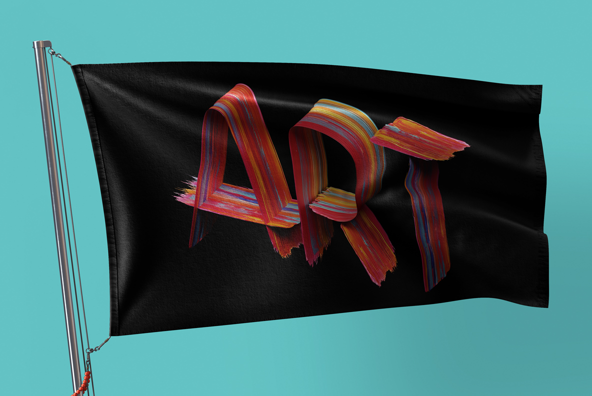 Masterpiece Font flag mockup Black flag on turquoise printed with a three-letter word in the Masterpiece Font