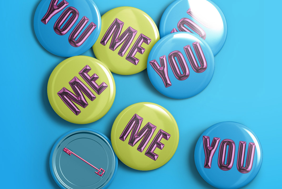 Happy Birthday Font badge mockup Blue scene with pin badges lettered in the Happy Birthday Font